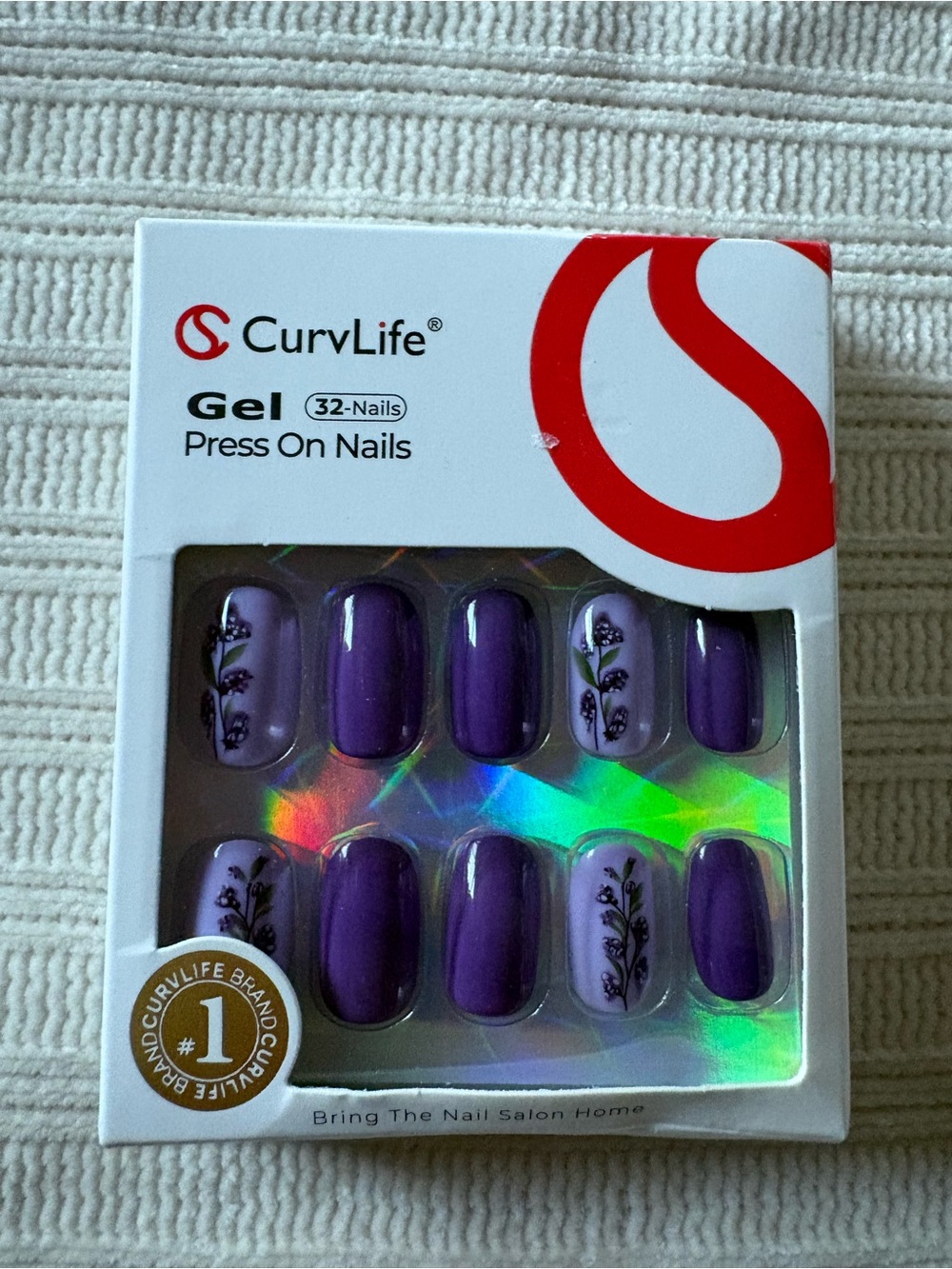 Curvlife Purple Gel Press-On Nails with Floral Accent
